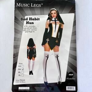 Music Legs Bad Habit Nun Costume Mini Dress Cross NEW Womens Sz S/M Black, White